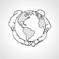 Hands holding the Earth. Two palms hold the globe. Environment concept. Hand drawn sketch vector illustration