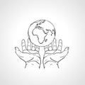 Hands holding the Earth. Two palms hold the globe. Environment concept. Hand drawn sketch vector illustration