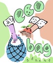 Hands holding eco bag and putong ecologically clean food product into it, sketch cartoon illustration Royalty Free Stock Photo