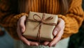 Hands holding eco wrapped gift box. AI generated. Royalty Free Stock Photo
