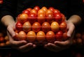 Hands holding eggs inside supermarket in the style. A person holding a plastic container filled