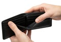 Hands holding an empty black leather wallet against a white background Royalty Free Stock Photo