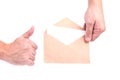 Hands holding envelopes with letters on the white background iso Royalty Free Stock Photo