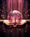 hands holding a fairy snow globe with shining christmas tree Royalty Free Stock Photo