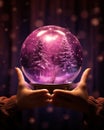 hands holding a fairy snow globe with shining christmas tree Royalty Free Stock Photo