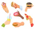 Hands holding fast food. Fat hand hold burger, hamburger pizza piece sandwich donut drink, arms with street snack