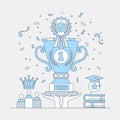 Hands holding first place cup trophy and achievement medal vector cartoon outline illustration.