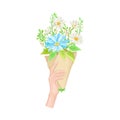 Hands Holding Flower Bouquets Wrapped in Craft Paper Vector Illustration