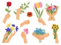 Hands holding flowers. Flower bouquet in women hand, cartoon blossom spring kit. Decorative botanical bunch, florist