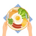 Hands holding fork and knife. Plate with fried egg, peas, sausages, greens, cheese and bread, vector illustration Royalty Free Stock Photo