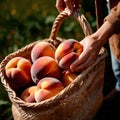 Hands holding fresh harvest crop of peaches in farm, agriculture indudstry