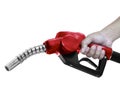 Hands holding Fuel red nozzle with hose isolated on white background Royalty Free Stock Photo