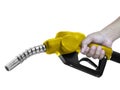 Hands holding Fuel yellow nozzle with hose isolated on white background Royalty Free Stock Photo