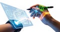 Hands holding futuristic digital devices with glowing blue and green circuits and data streams technology Royalty Free Stock Photo