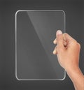 Hands holding futuristic transparent tablet pc