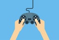 Hands holding gamepad - flat illustration. Leisure gamer vector concept.