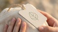 Hands holding a garment with an eco-friendly leaf tag Royalty Free Stock Photo
