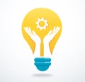 Hands holding gear icon in light bulb icon vector, creative concept Royalty Free Stock Photo