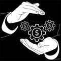 Hands are holding a gear with money, or a dollar bill flat logo icon in white color on an isolated black background. EPS 10 vector Royalty Free Stock Photo