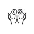Hands holding gear and money line icon Royalty Free Stock Photo