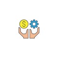 Hands holding gear and money vector icon symbol isolated on white background Royalty Free Stock Photo