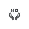 Hands holding gear and money vector icon symbol isolated on white background Royalty Free Stock Photo