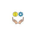 Hands holding gear and money vector icon symbol isolated on white background Royalty Free Stock Photo