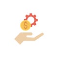 Hands holding gear and money vector icon symbol isolated on white background Royalty Free Stock Photo