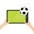 Hands holding genering tablet PC gadget. Soccer ball flying from touch screen. Male female teen hand and Tab with blank screen. St