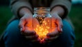 Hands holding a glass jar with glowing firefly-like lights, evoking warmth and magic in a dim, blurred background Royalty Free Stock Photo
