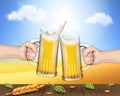 Hands holding glass mugs with beer raised in toast Royalty Free Stock Photo
