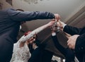 Hands holding glasses of champagne and clinking. stylish happy wedding couple toasting with family, celebrating wedding. space for Royalty Free Stock Photo