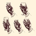 Hands holding glasses with drinks beer, tequila, vodka, rum, whiskey, wine. vector engraved illustration