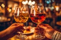 Hands holding glasses of wine on restaurant background.Generative AI