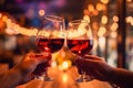 Hands holding glasses of wine on restaurant background.Generative AI