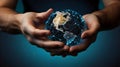 hands holding a globe connected by digital networks