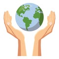 Hands holding globe earth icon, cartoon style