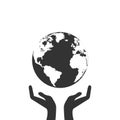 Hands holding globe earth web black icon. save earth concept