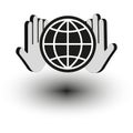 Hands holding globe. Global connection symbol. World protection icon. Vector illustration. Royalty Free Stock Photo