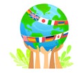 Hands holding globe with international flags. Unity and environmental conservation concept vector illustration Royalty Free Stock Photo