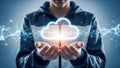 hands holding glowing cloud computing hologram digital data storage technology concept network internet security connection Royalty Free Stock Photo