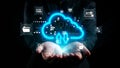 Hands holding a glowing cloud symbol representing data transfer and storage with digital icons depicting email, lock Royalty Free Stock Photo