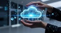 Hands holding a glowing digital cloud symbolizing cloud computing and data storage technology Royalty Free Stock Photo