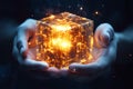 Hands Holding Glowing Digital Cube AI Art