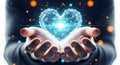 Hands holding glowing digital heart with data particles technology love Royalty Free Stock Photo
