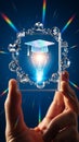 Hands holding a glowing graduation cap and lightbulb symbolizing innovation and knowledge in education Royalty Free Stock Photo