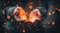 Hands holding glowing orange sparks in a dramatic setting Royalty Free Stock Photo