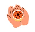 Hands holding grapefruit, cut half. Healthy fresh ripe fruit, natural vitamin summer food, exotic tropical juicy eating Royalty Free Stock Photo