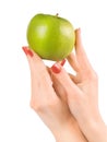 Hands holding green apple isolated with clipping path Royalty Free Stock Photo