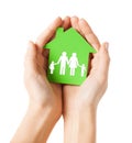 Hands holding green house with family Royalty Free Stock Photo